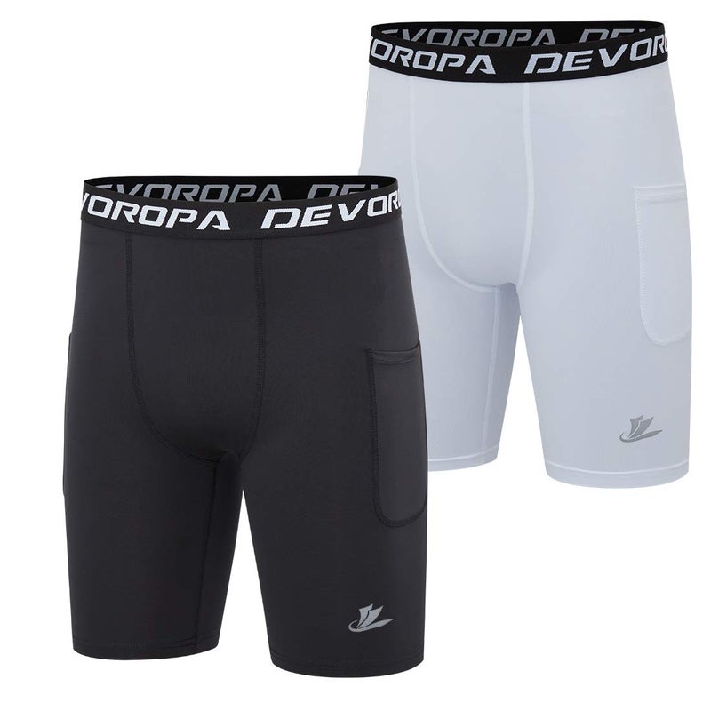 DEVOROPA Youth Boys' Compression Shorts Performance Athletic Base Layers Workout Training Underwear Side Pocket Black/White XL (Pack of 2) - Image 1
